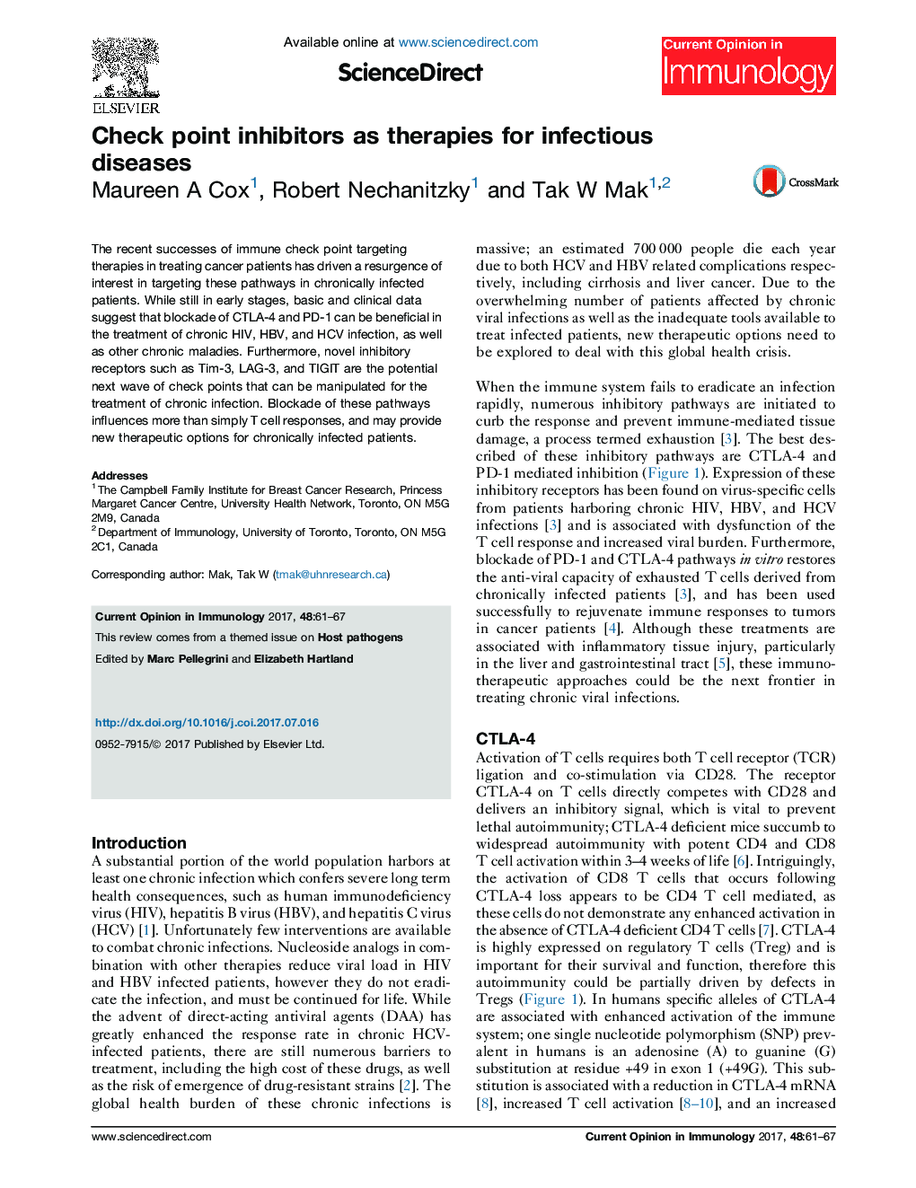 Check point inhibitors as therapies for infectious diseases