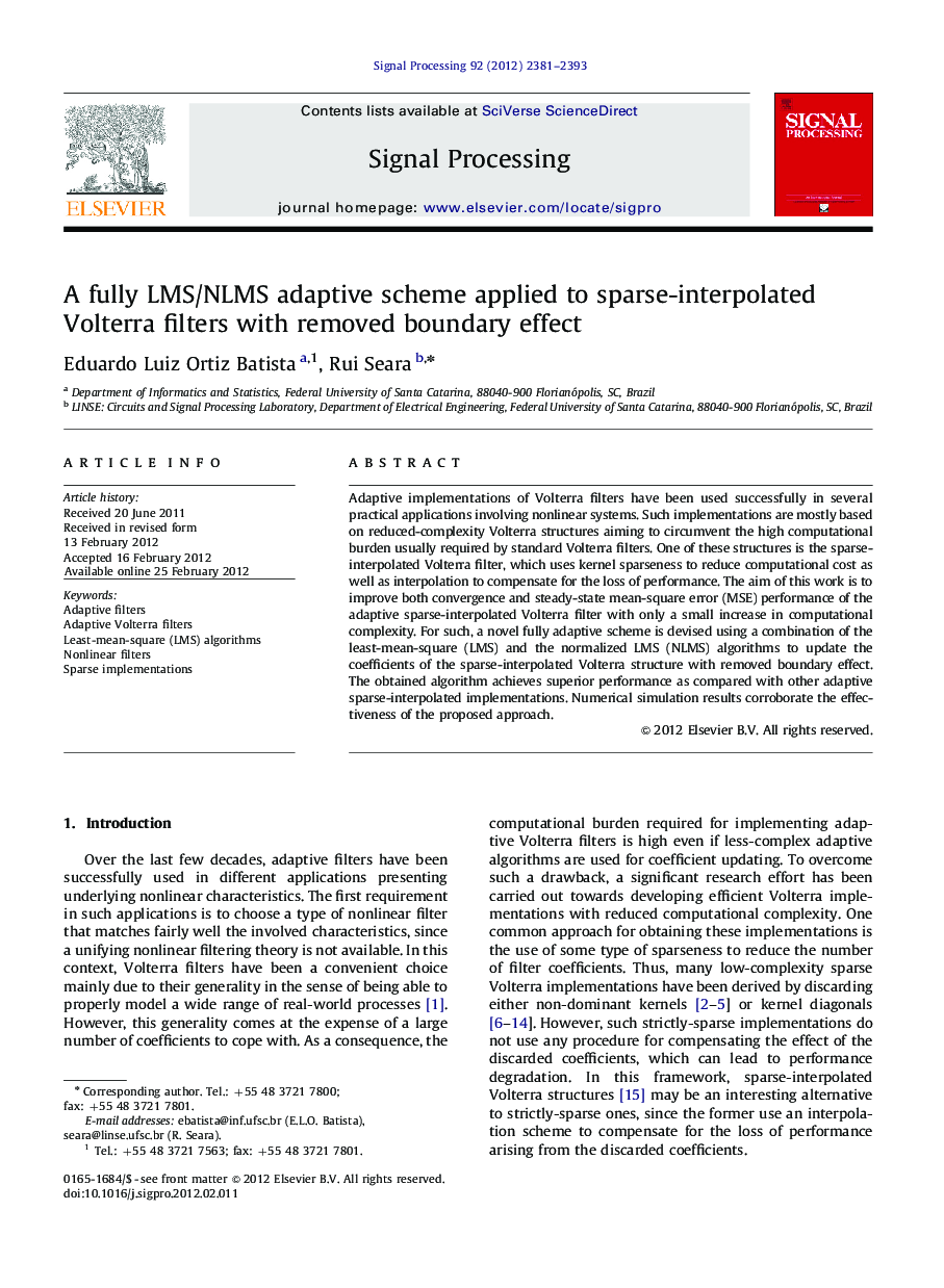 A fully LMS/NLMS adaptive scheme applied to sparse-interpolated Volterra filters with removed boundary effect