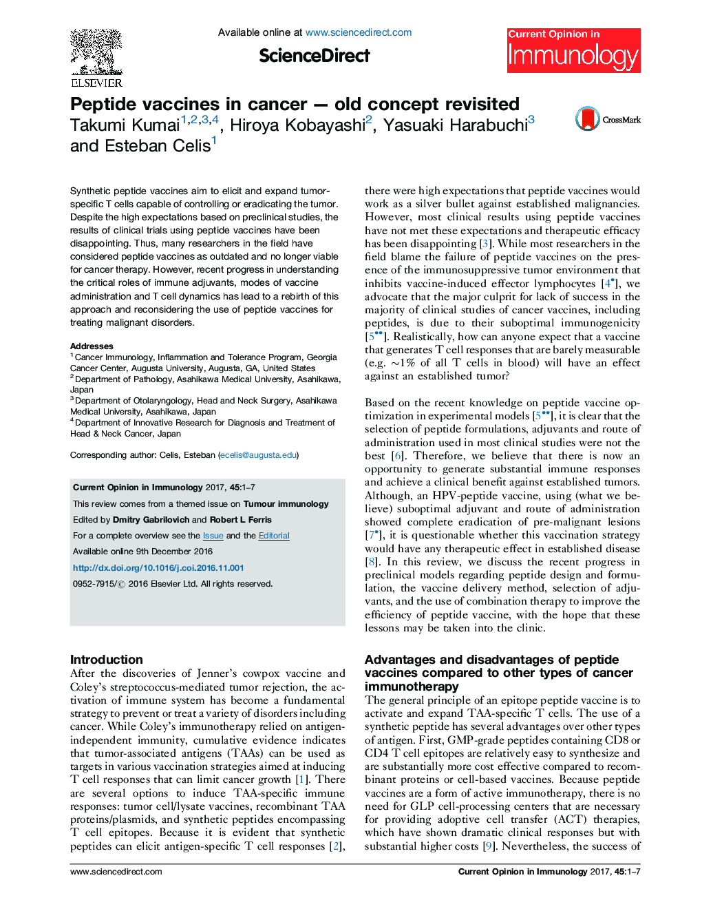 عکس صفحه اول مقاله: Peptide vaccines in cancer - old concept revisited Peptide vaccines in cancer - old concept revisited
