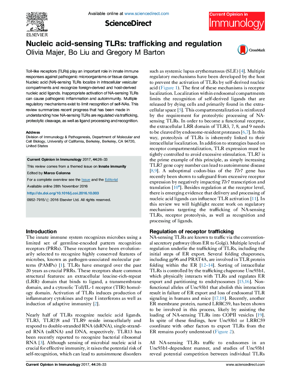 Nucleic acid-sensing TLRs: trafficking and regulation