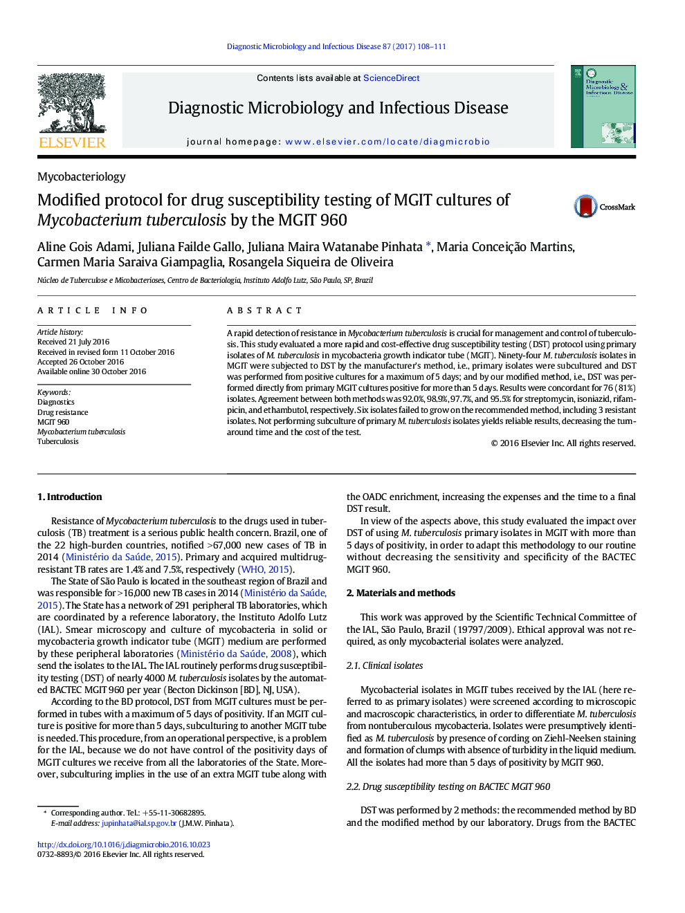 Modified protocol for drug susceptibility testing of MGIT cultures of Mycobacterium tuberculosis by the MGIT 960