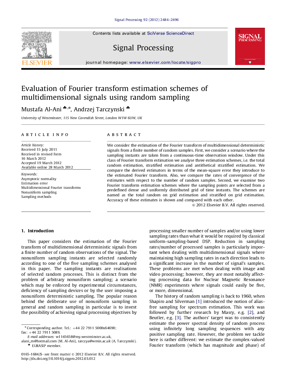 Evaluation of Fourier transform estimation schemes of multidimensional signals using random sampling