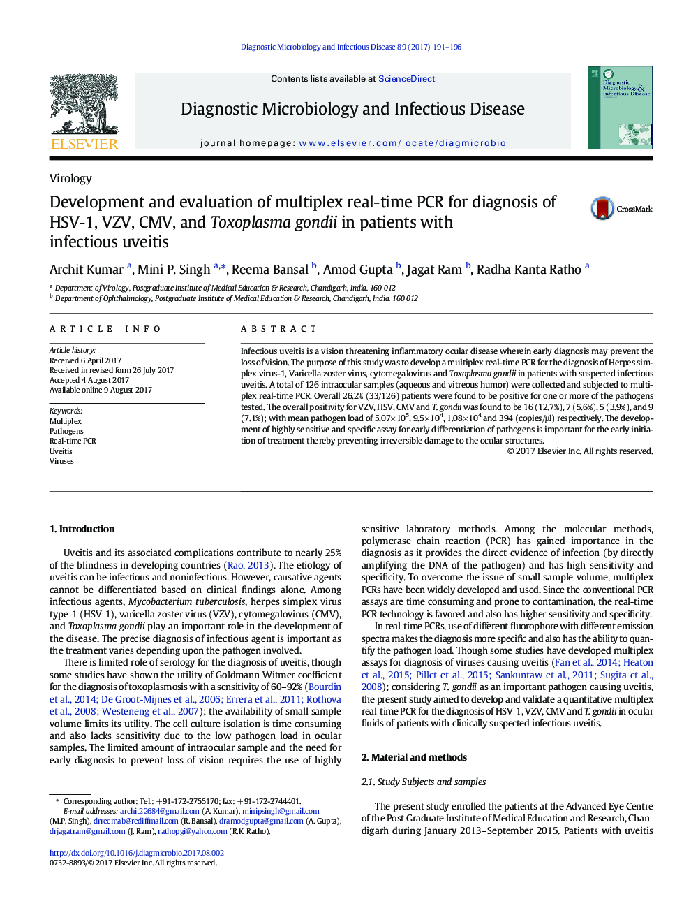 Development and evaluation of multiplex real-time PCR for diagnosis of HSV-1, VZV, CMV, and Toxoplasma gondii in patients with infectious uveitis