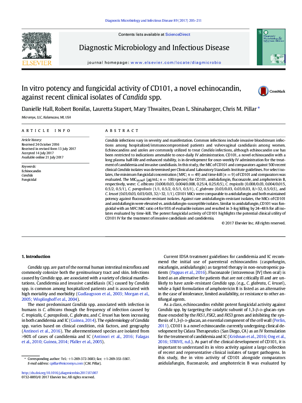 In vitro potency and fungicidal activity of CD101, a novel echinocandin, against recent clinical isolates of Candida spp.