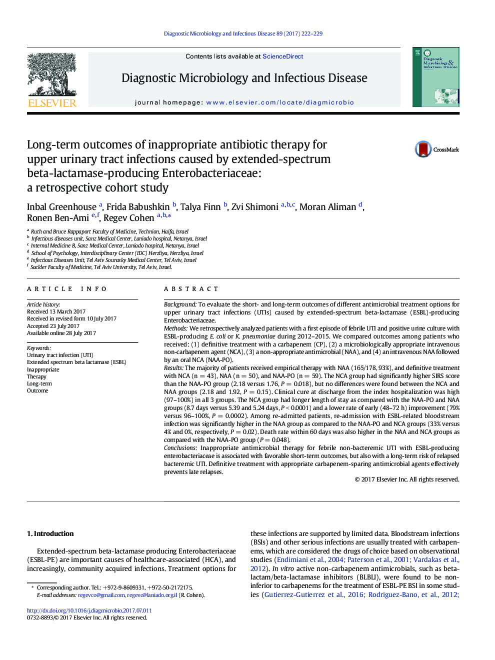 Long-term outcomes of inappropriate antibiotic therapy for upper urinary tract infections caused by extended-spectrum beta-lactamase-producing Enterobacteriaceae: a retrospective cohort study