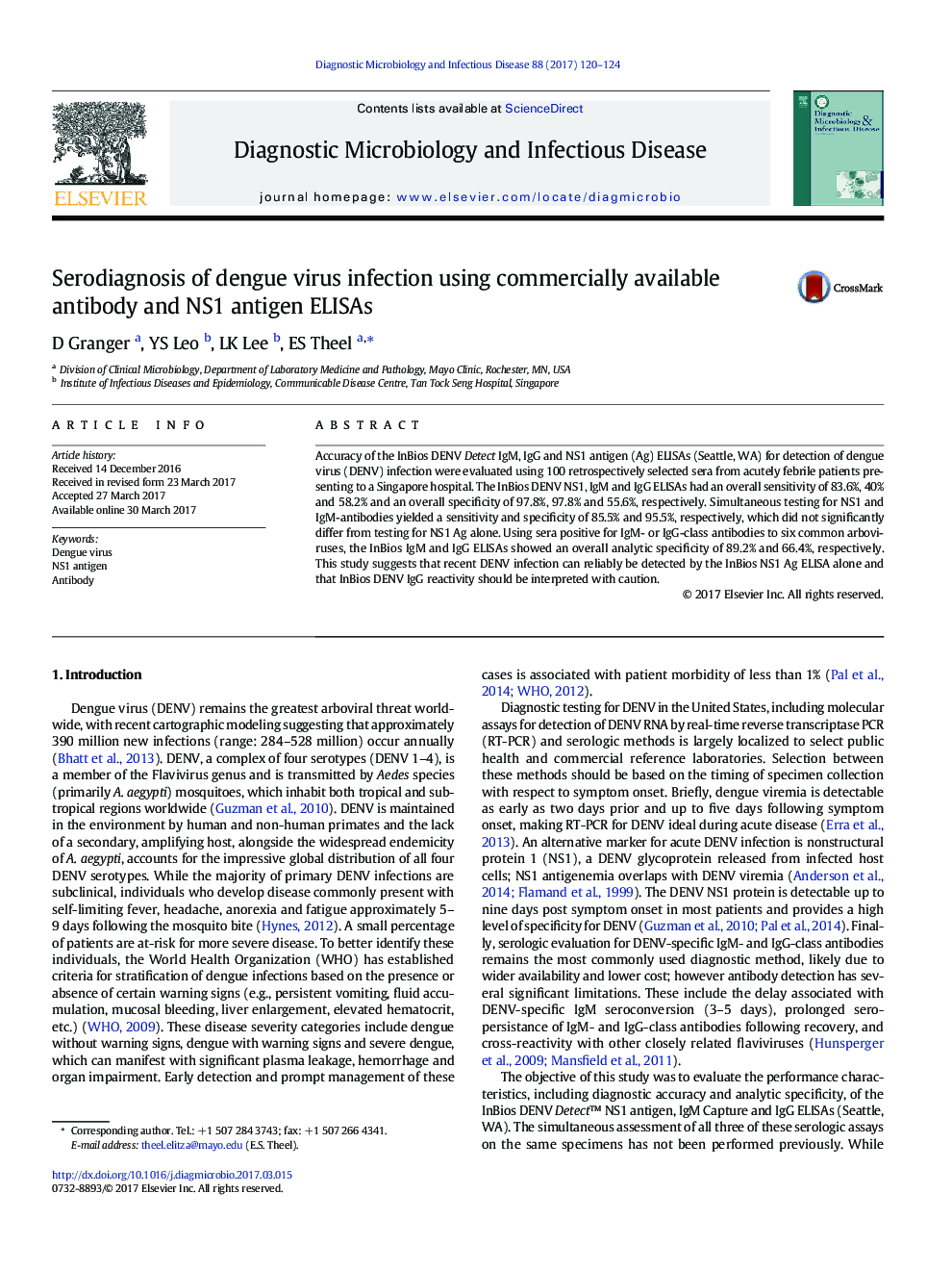 Serodiagnosis of dengue virus infection using commercially available antibody and NS1 antigen ELISAs