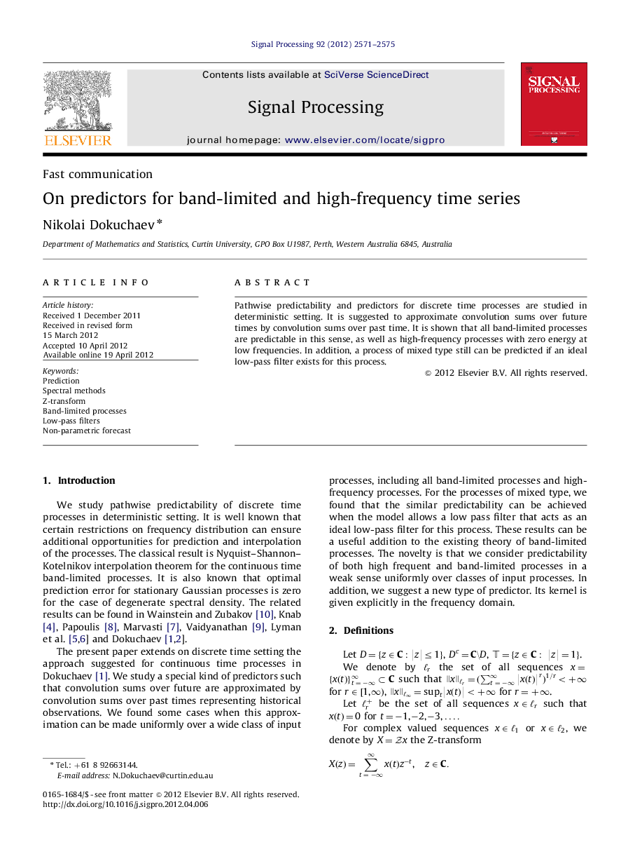 عکس صفحه اول مقاله: On predictors for band-limited and high-frequency time series On predictors for band-limited and high-frequency time series