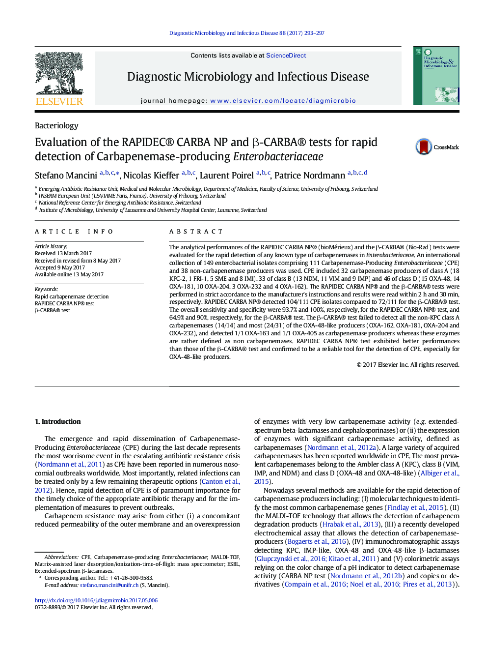 Evaluation of the RAPIDEC® CARBA NP and Î²-CARBA® tests for rapid detection of Carbapenemase-producing Enterobacteriaceae