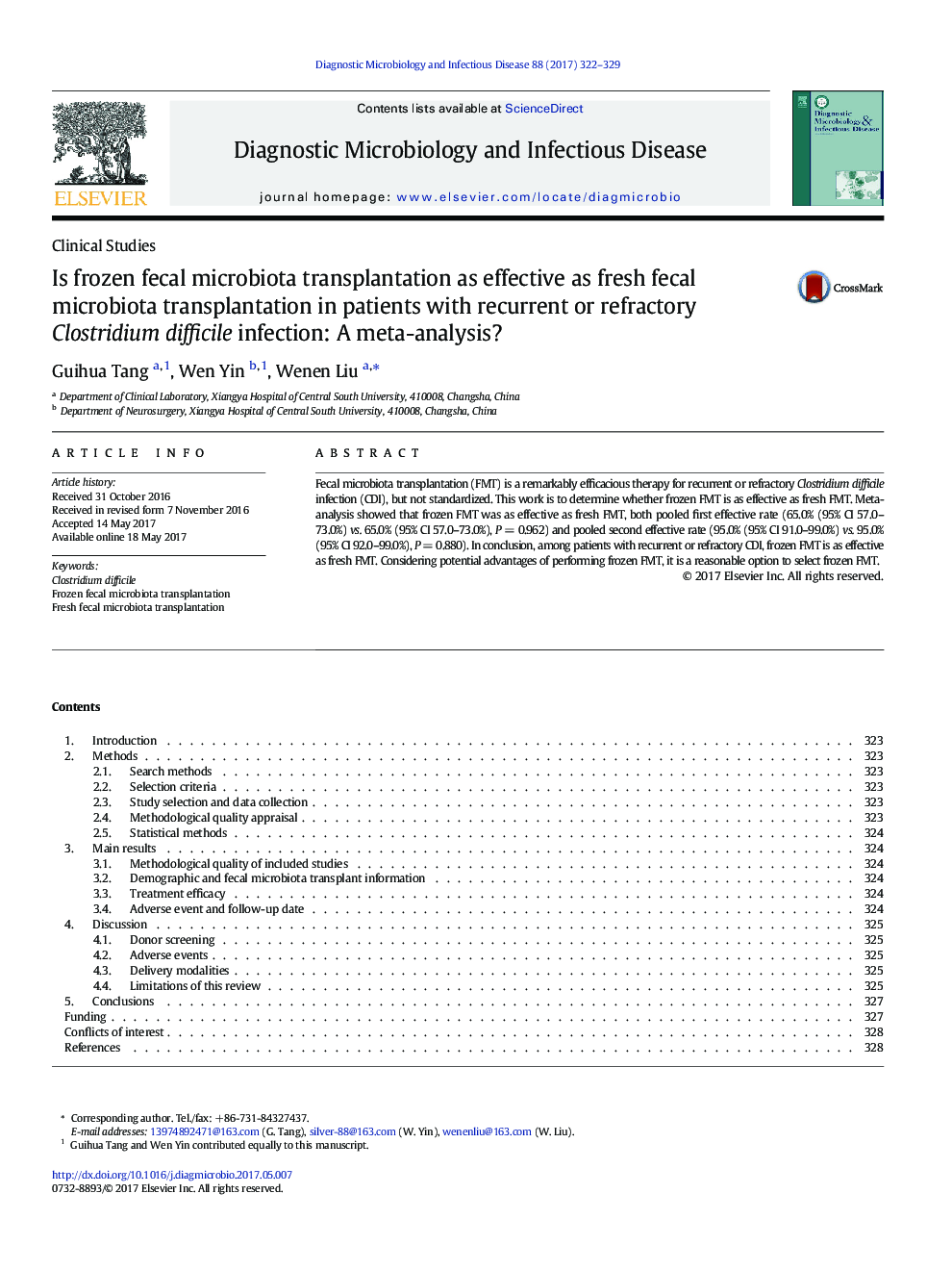 Is frozen fecal microbiota transplantation as effective as fresh fecal microbiota transplantation in patients with recurrent or refractory Clostridium difficile infection: A meta-analysis?