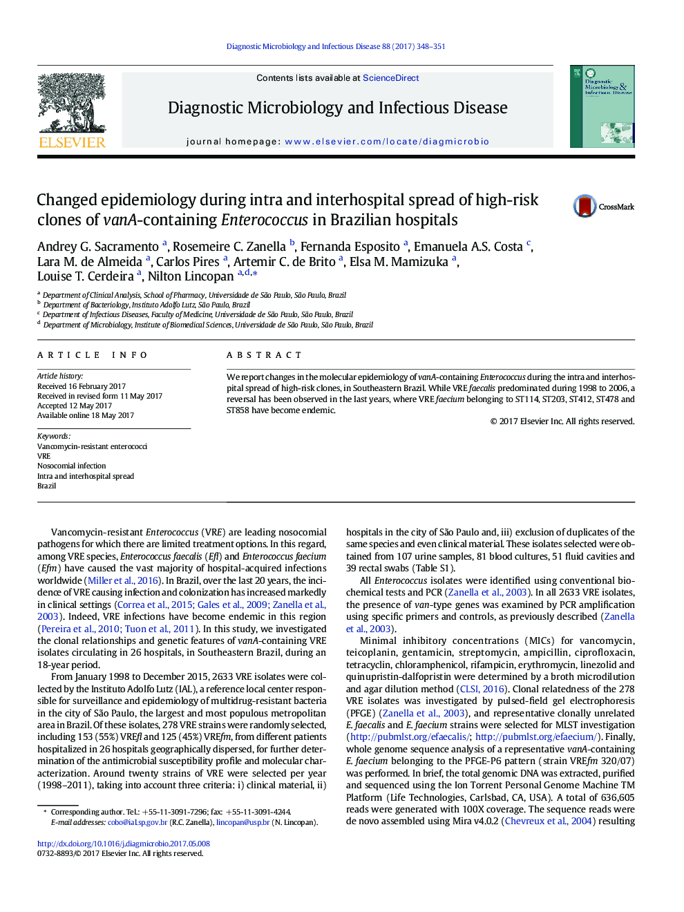 Changed epidemiology during intra and interhospital spread of high-risk clones of vanA-containing Enterococcus in Brazilian hospitals