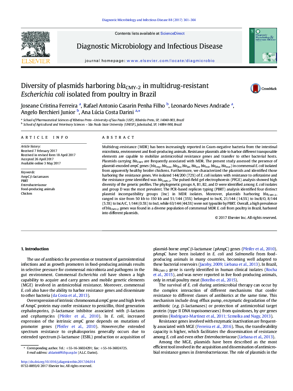 Diversity of plasmids harboring blaCMY-2 in multidrug-resistant Escherichia coli isolated from poultry in Brazil