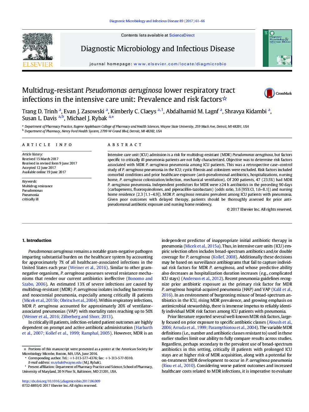 Multidrug-resistant Pseudomonas aeruginosa lower respiratory tract infections in the intensive care unit: Prevalence and risk factors