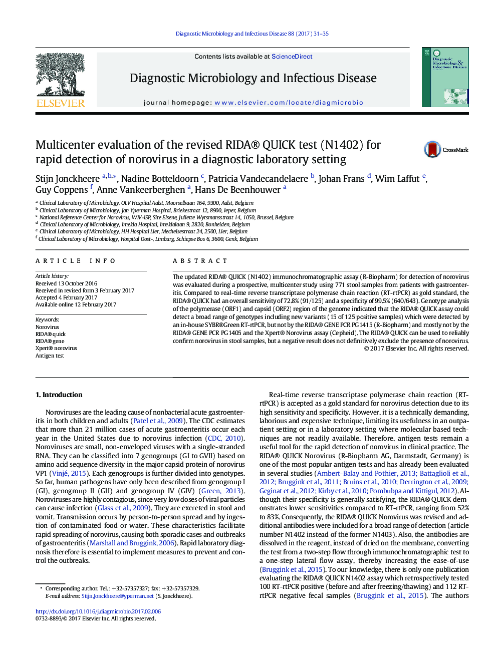 Multicenter evaluation of the revised RIDA® QUICK test (N1402) for rapid detection of norovirus in a diagnostic laboratory setting