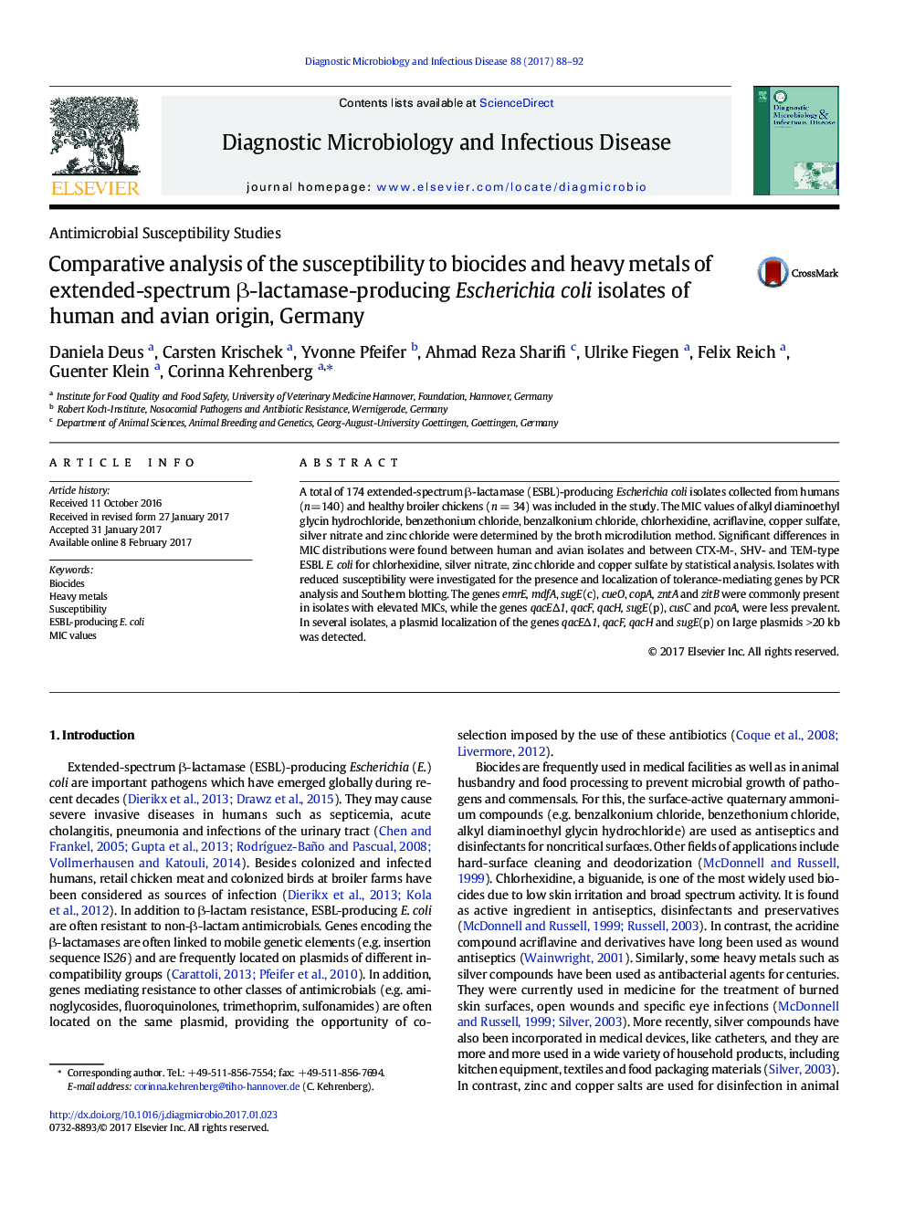 Comparative analysis of the susceptibility to biocides and heavy metals of extended-spectrum Î²-lactamase-producing Escherichia coli isolates of human and avian origin, Germany