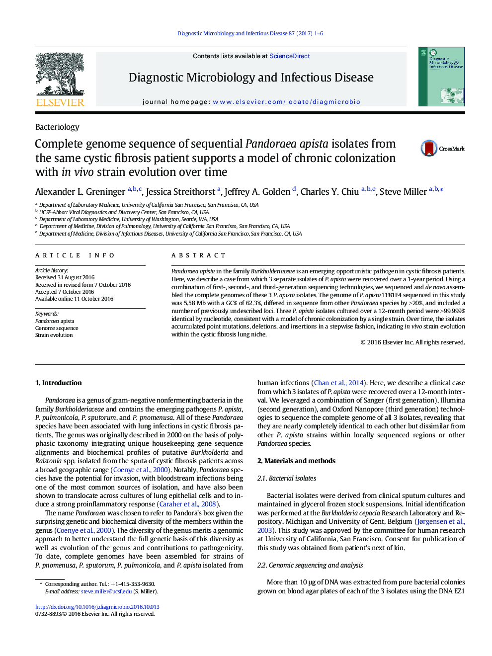 Complete genome sequence of sequential Pandoraea apista isolates from the same cystic fibrosis patient supports a model of chronic colonization with in vivo strain evolution over time