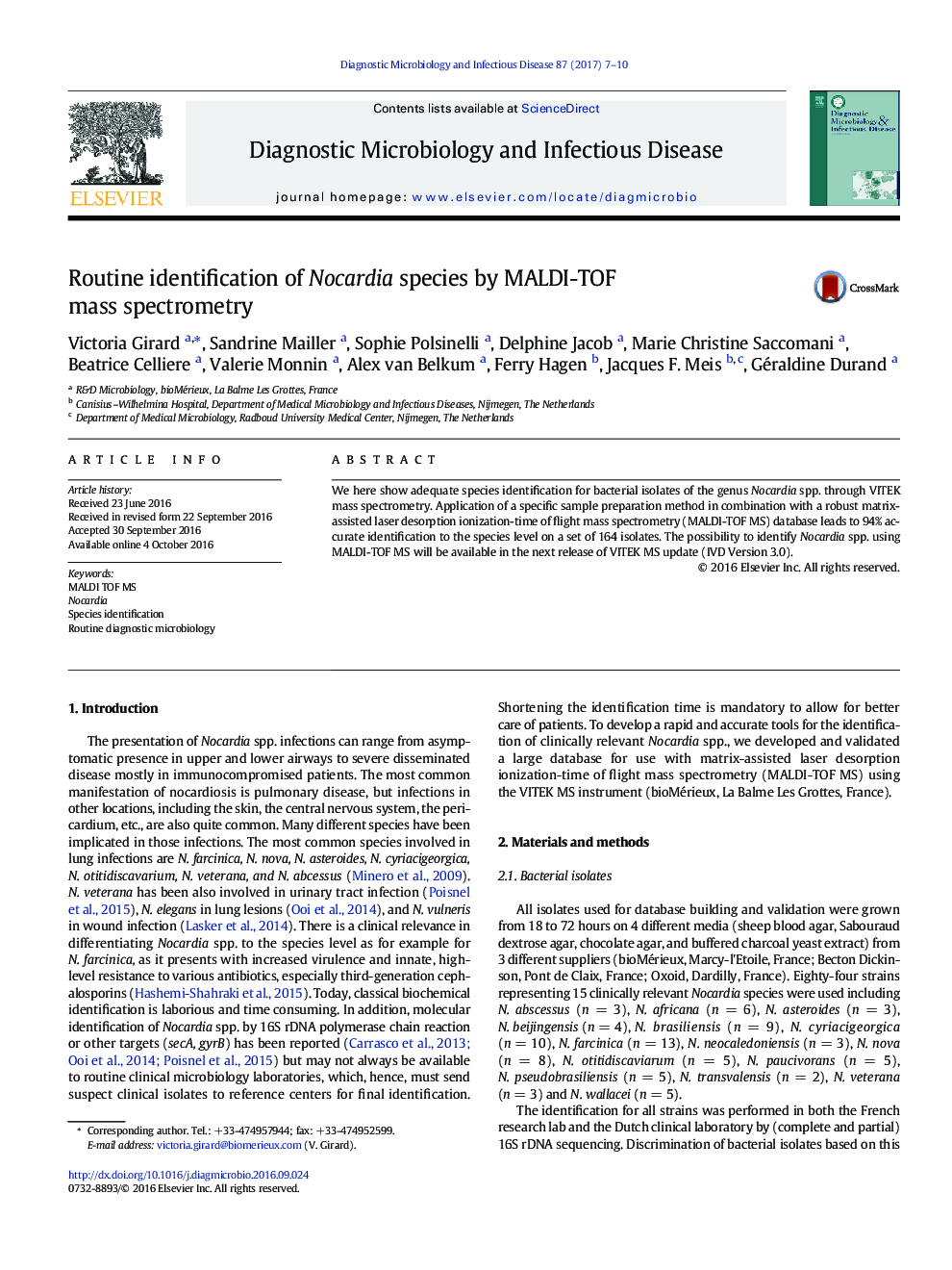 Routine identification of Nocardia species by MALDI-TOF mass spectrometry