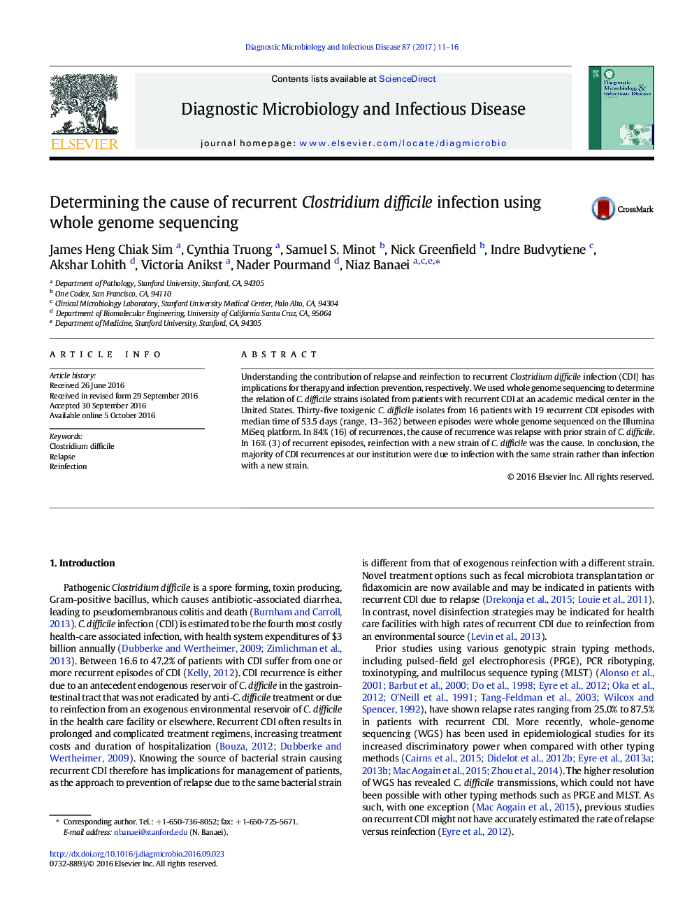 Determining the cause of recurrent Clostridium difficile infection using whole genome sequencing