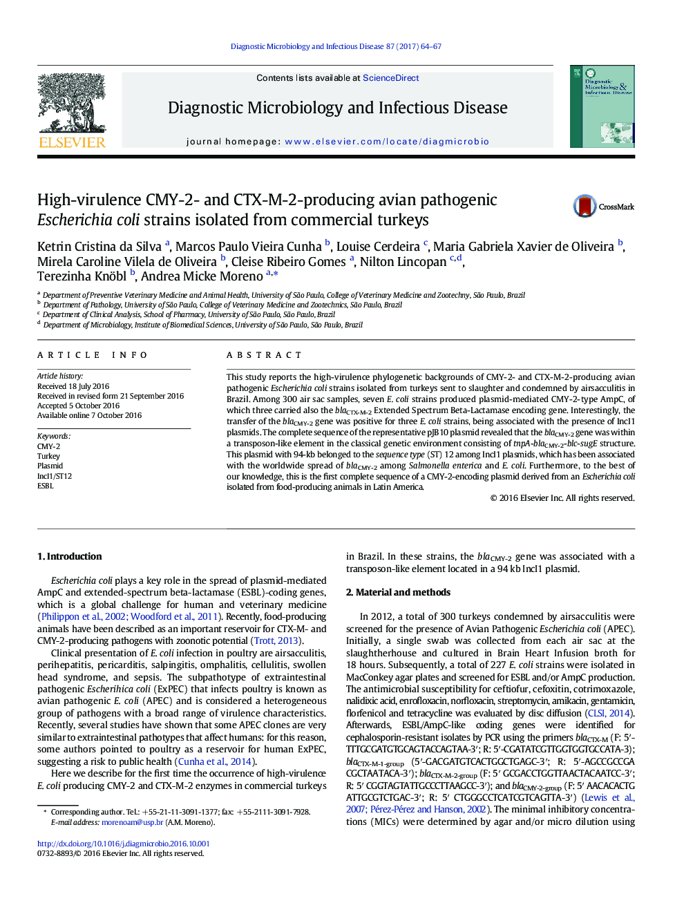 High-virulence CMY-2- and CTX-M-2-producing avian pathogenic Escherichia coli strains isolated from commercial turkeys