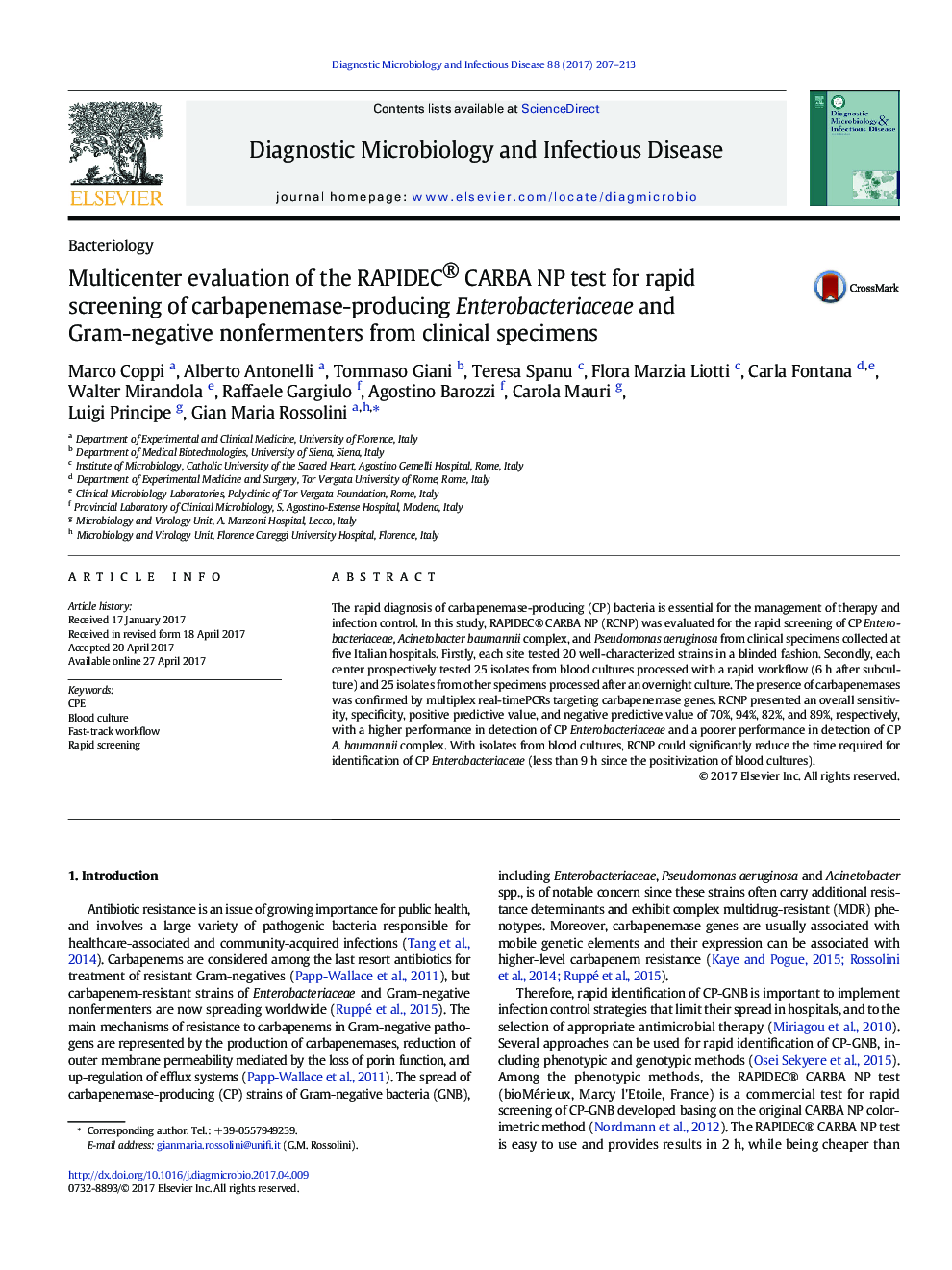 Multicenter evaluation of the RAPIDEC® CARBA NP test for rapid screening of carbapenemase-producing Enterobacteriaceae and Gram-negative nonfermenters from clinical specimens