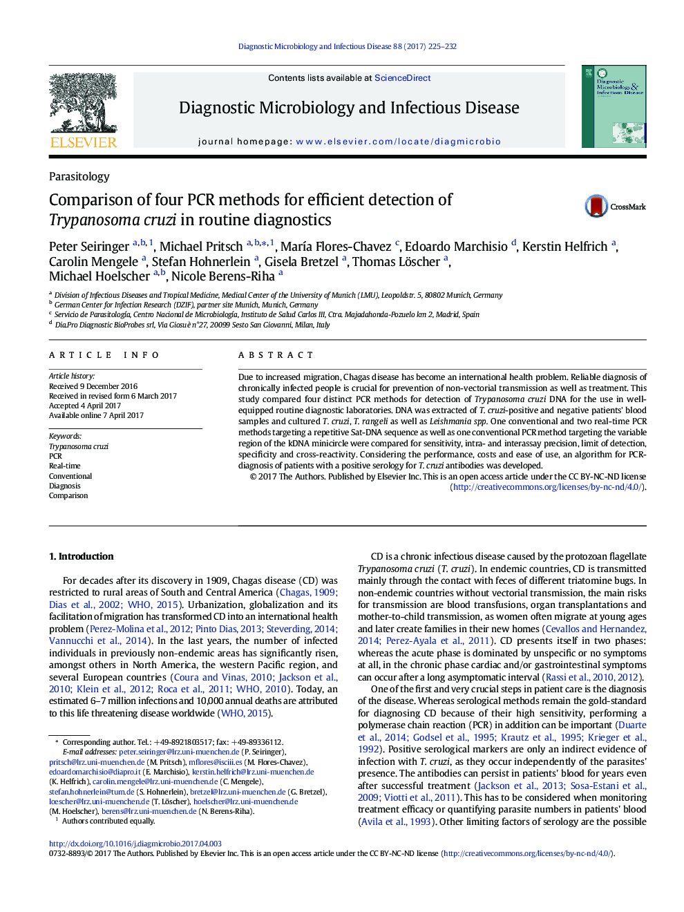 Comparison of four PCR methods for efficient detection of Trypanosoma cruzi in routine diagnostics