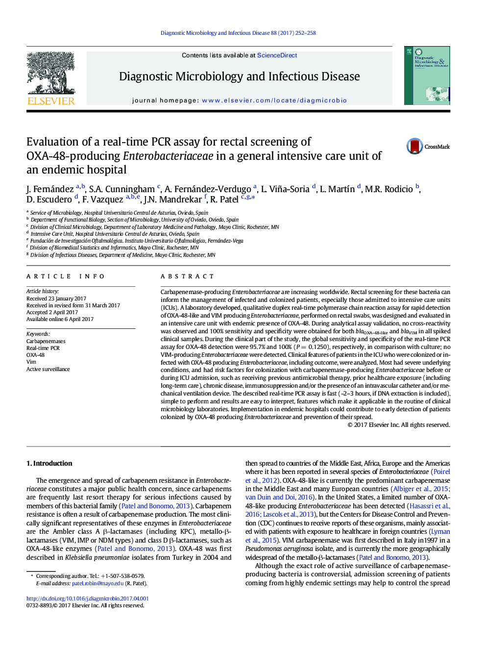 Evaluation of a real-time PCR assay for rectal screening of OXA-48-producing Enterobacteriaceae in a general intensive care unit of an endemic hospital