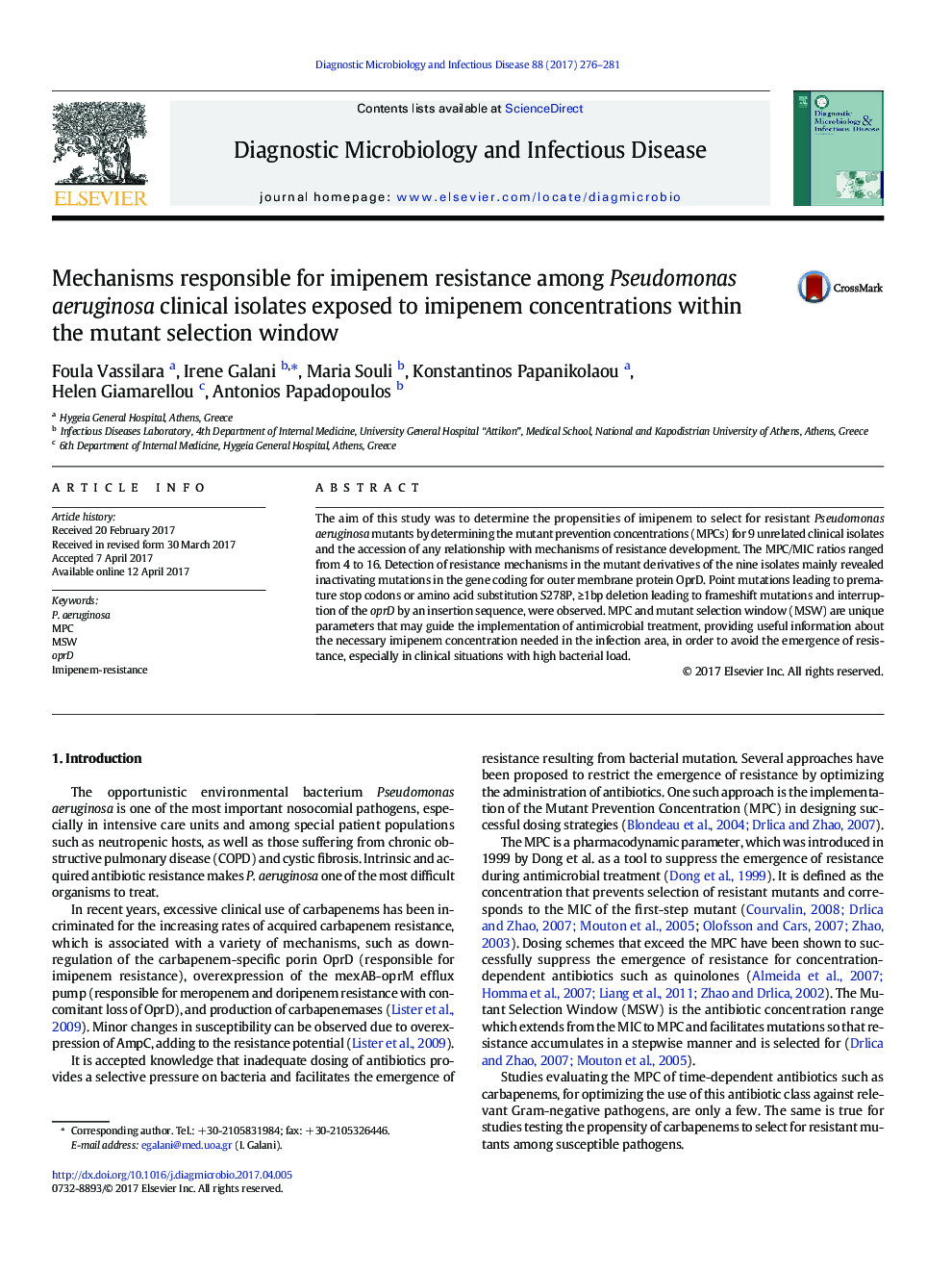 Mechanisms responsible for imipenem resistance among Pseudomonas aeruginosa clinical isolates exposed to imipenem concentrations within the mutant selection window