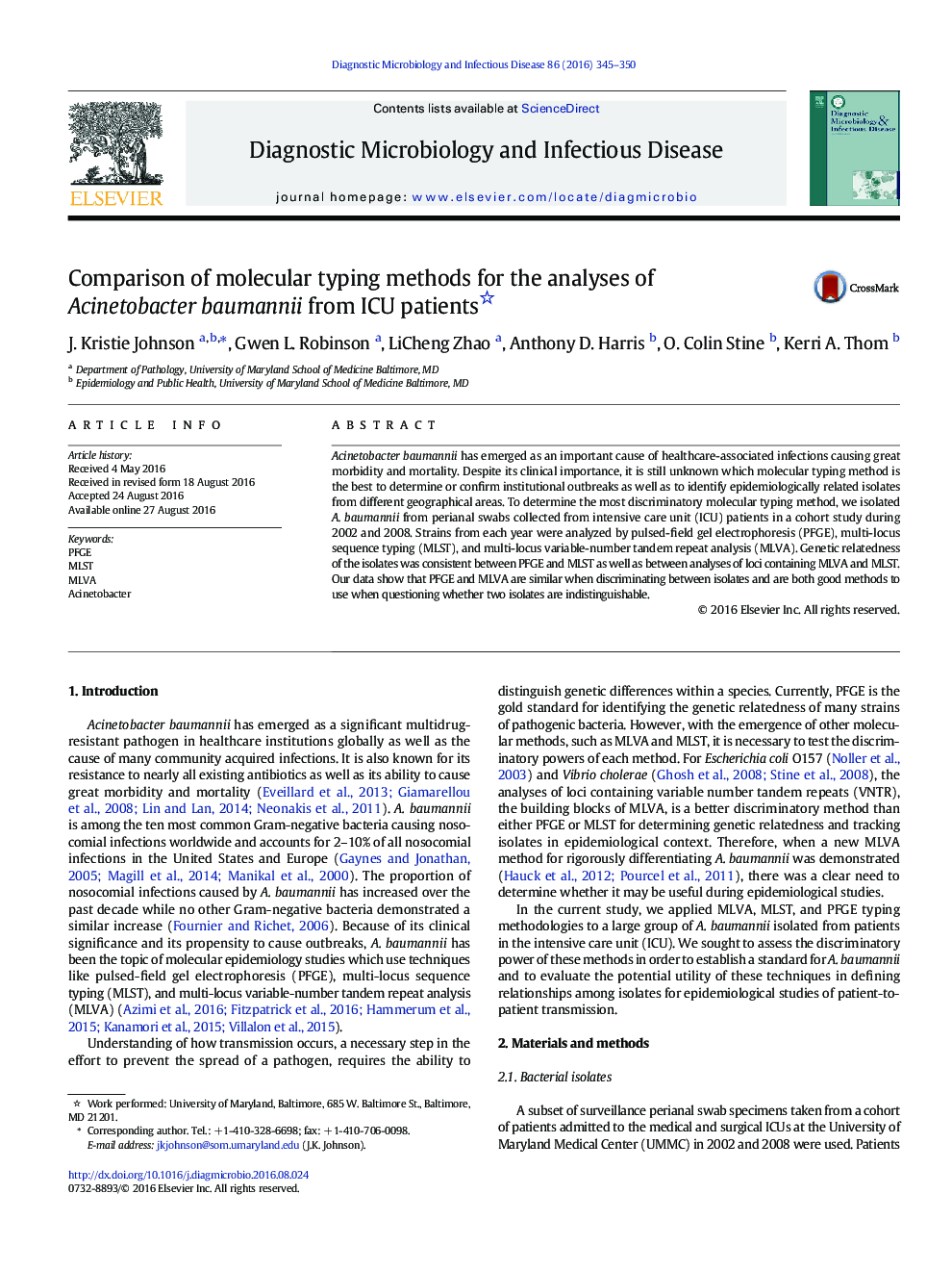 Comparison of molecular typing methods for the analyses of Acinetobacter baumannii from ICU patients