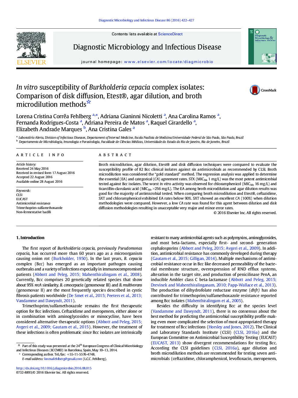 In vitro susceptibility of Burkholderia cepacia complex isolates: Comparison of disk diffusion, Etest®, agar dilution, and broth microdilution methods