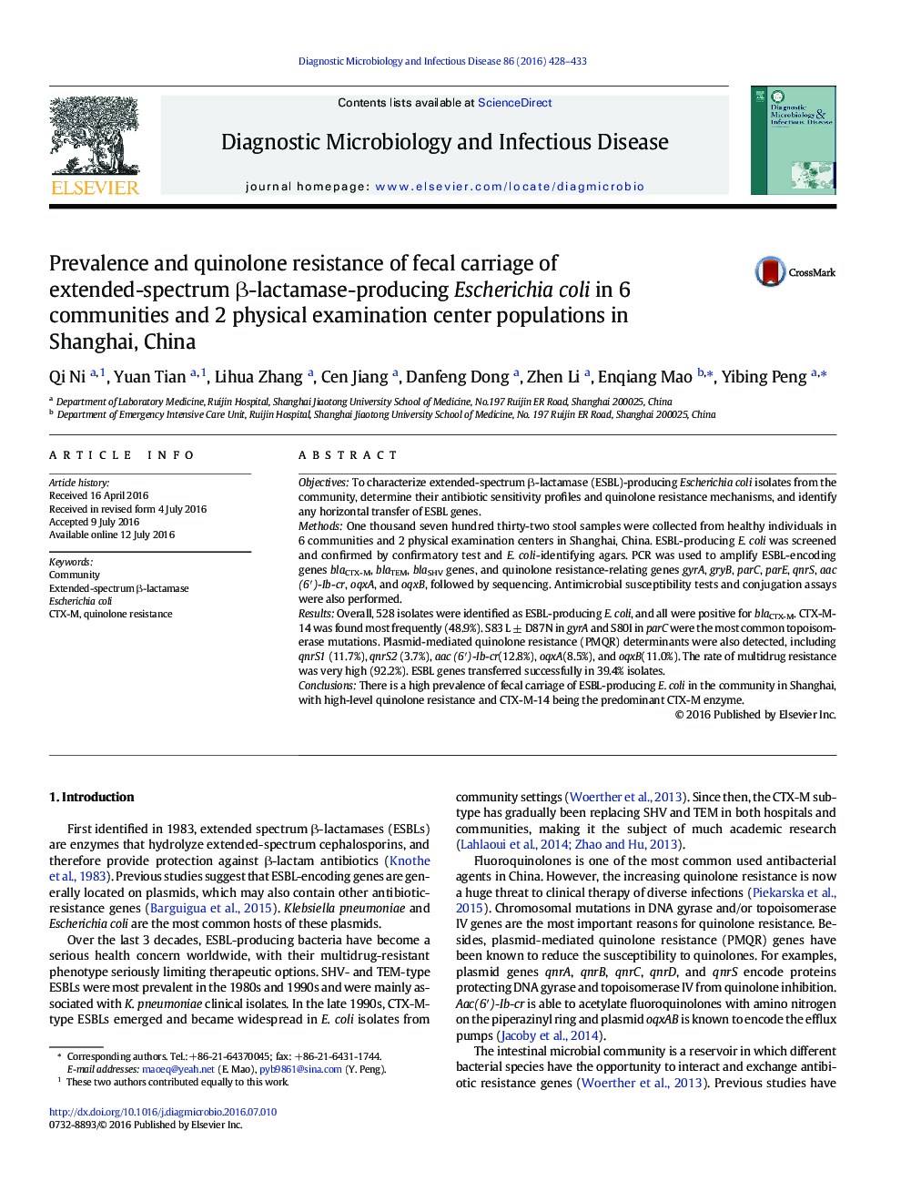 Prevalence and quinolone resistance of fecal carriage of extended-spectrum Î²-lactamase-producing Escherichia coli in 6 communities and 2 physical examination center populations in Shanghai, China