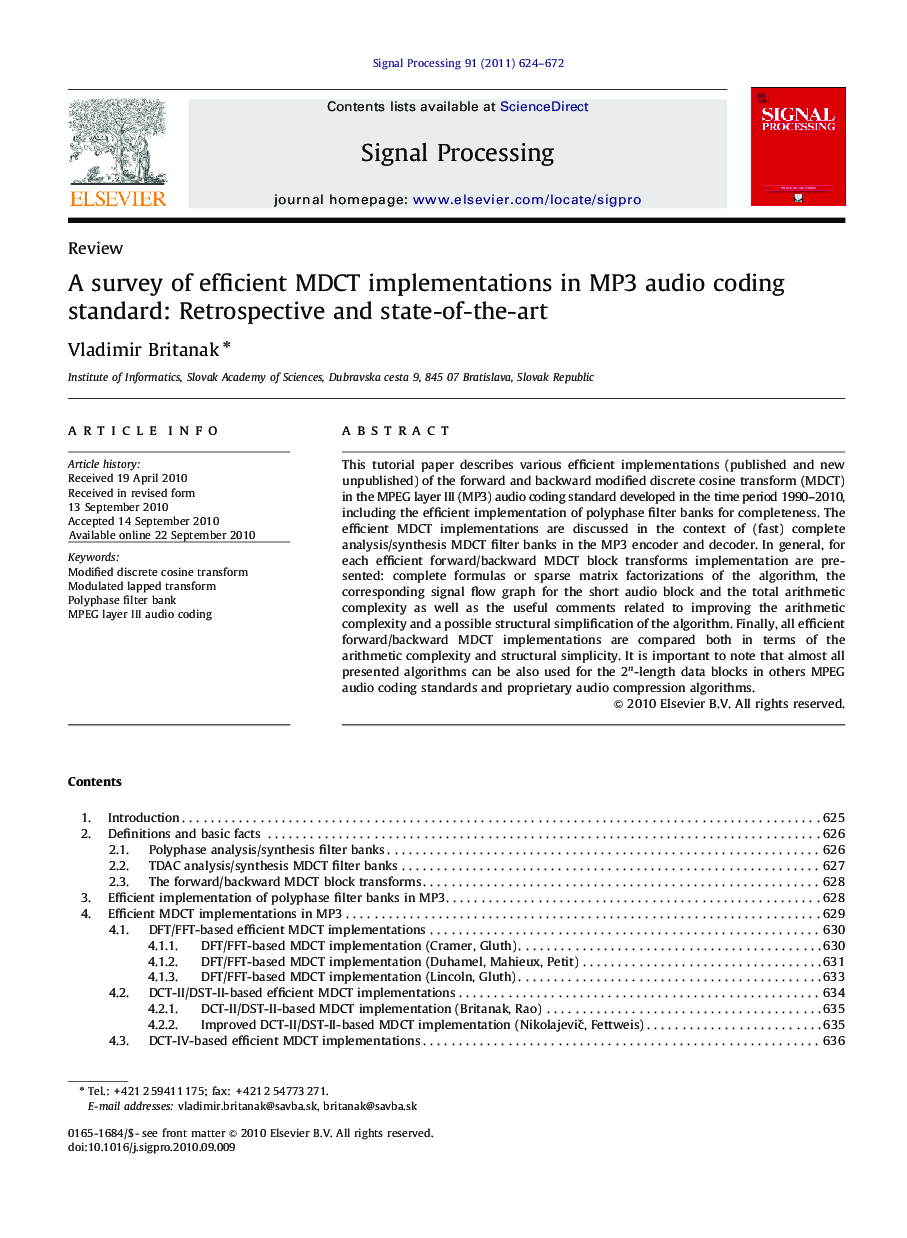 A survey of efficient MDCT implementations in MP3 audio coding standard: Retrospective and state-of-the-art