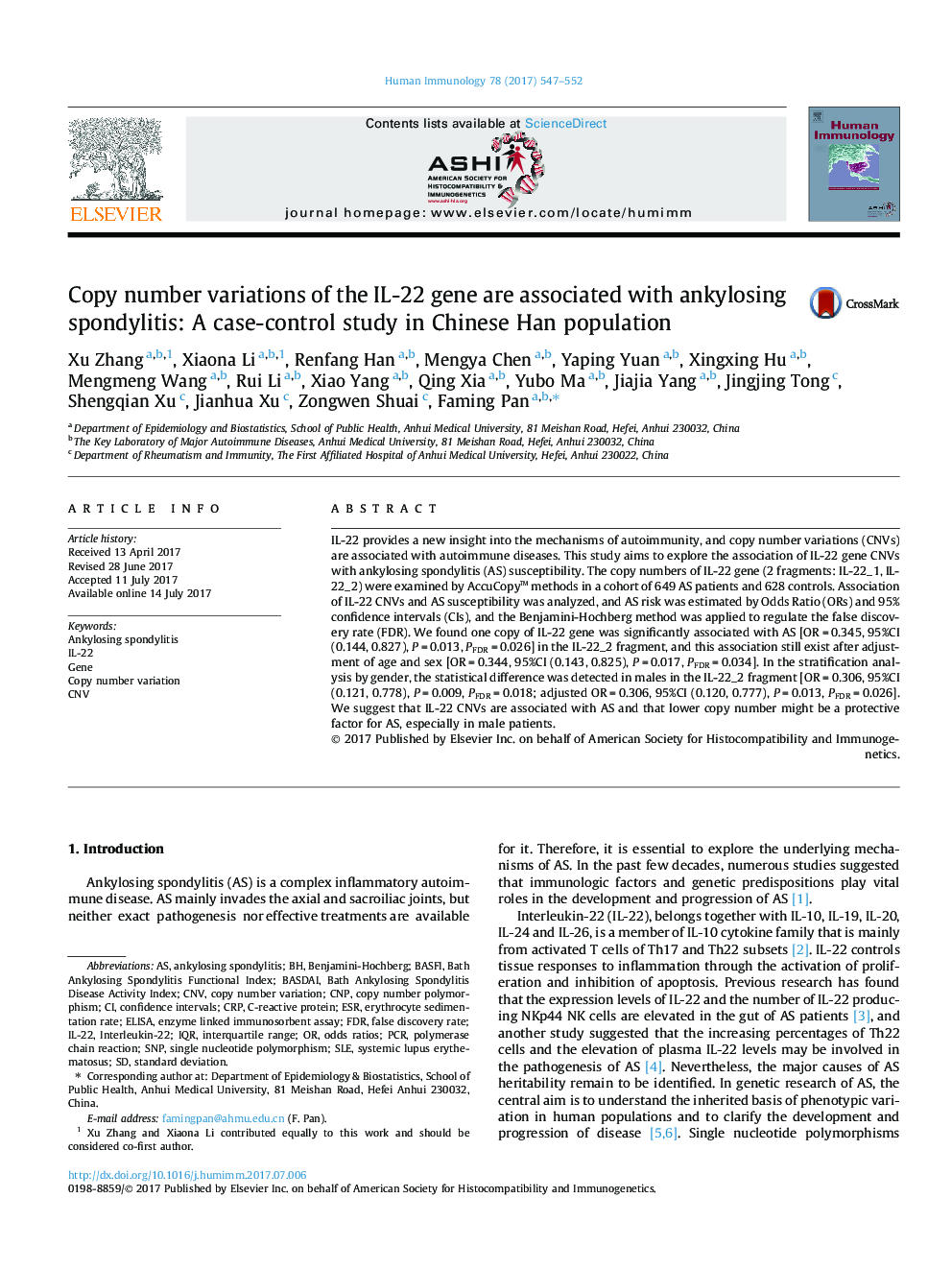 Copy number variations of the IL-22 gene are associated with ankylosing spondylitis: A case-control study in Chinese Han population