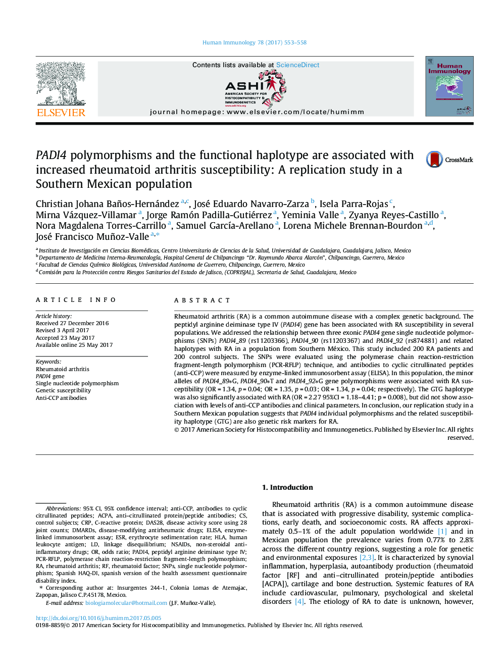 PADI4 polymorphisms and the functional haplotype are associated with increased rheumatoid arthritis susceptibility: A replication study in a Southern Mexican population