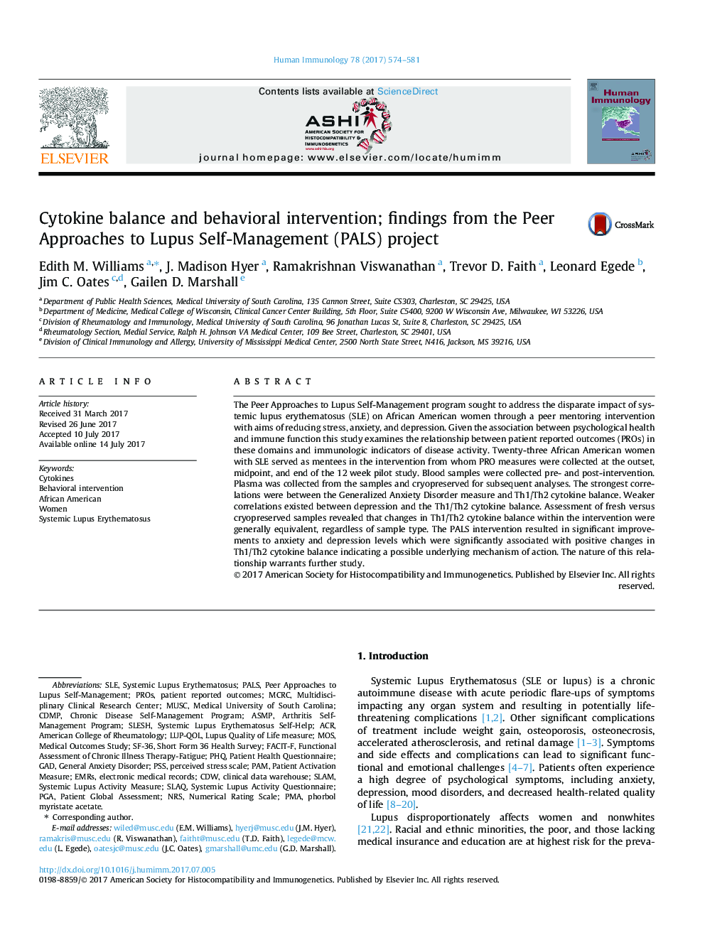 Cytokine balance and behavioral intervention; findings from the Peer Approaches to Lupus Self-Management (PALS) project