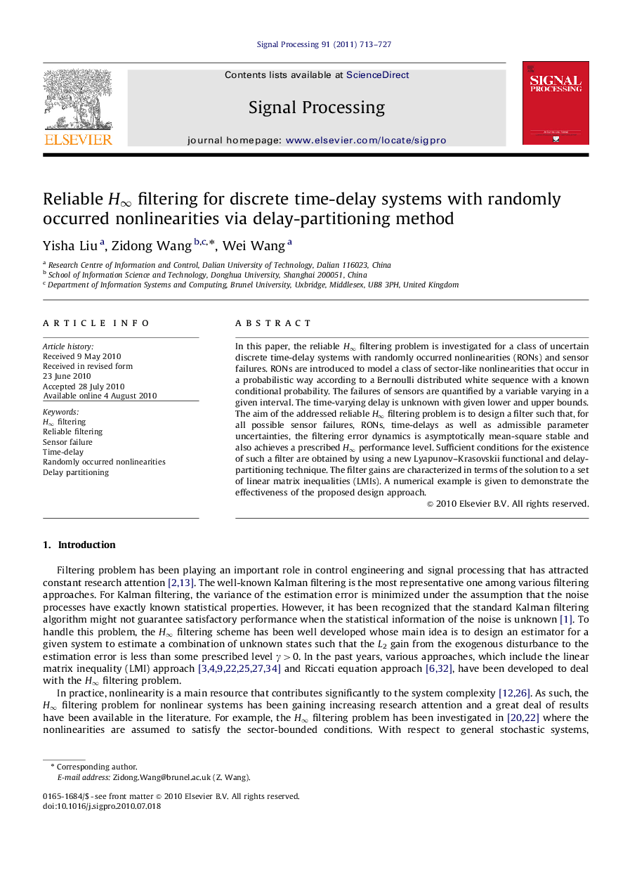 Reliable H∞H∞ filtering for discrete time-delay systems with randomly occurred nonlinearities via delay-partitioning method