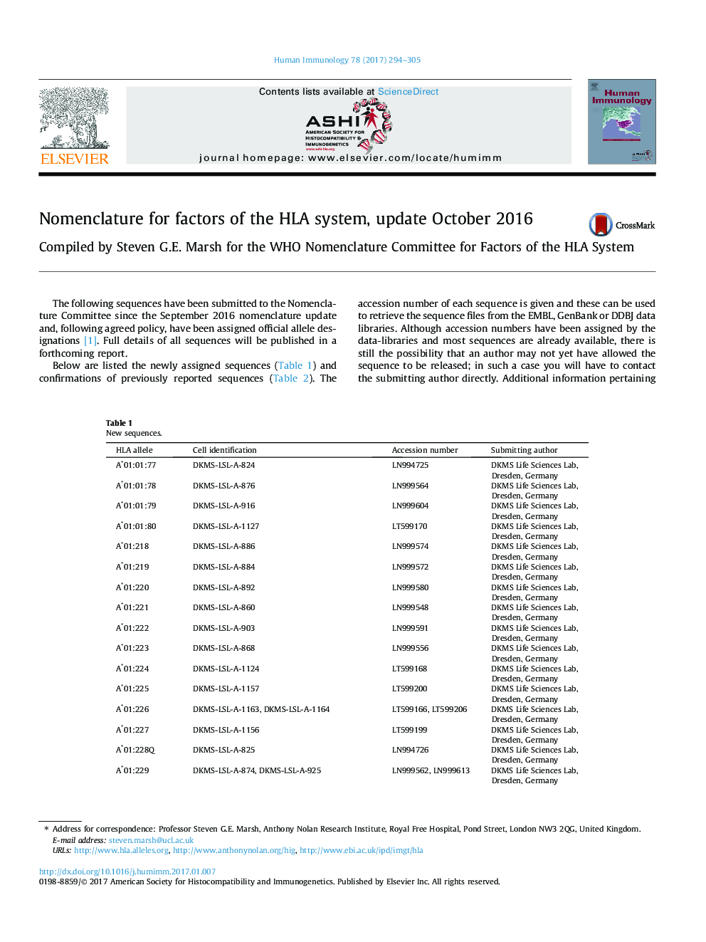 Nomenclature for factors of the HLA system, update October 2016