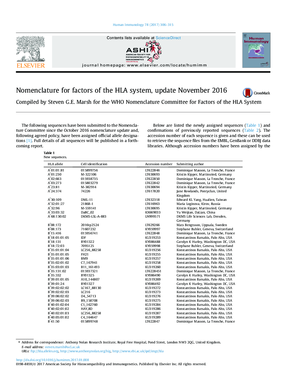 Nomenclature for factors of the HLA system, update November 2016
