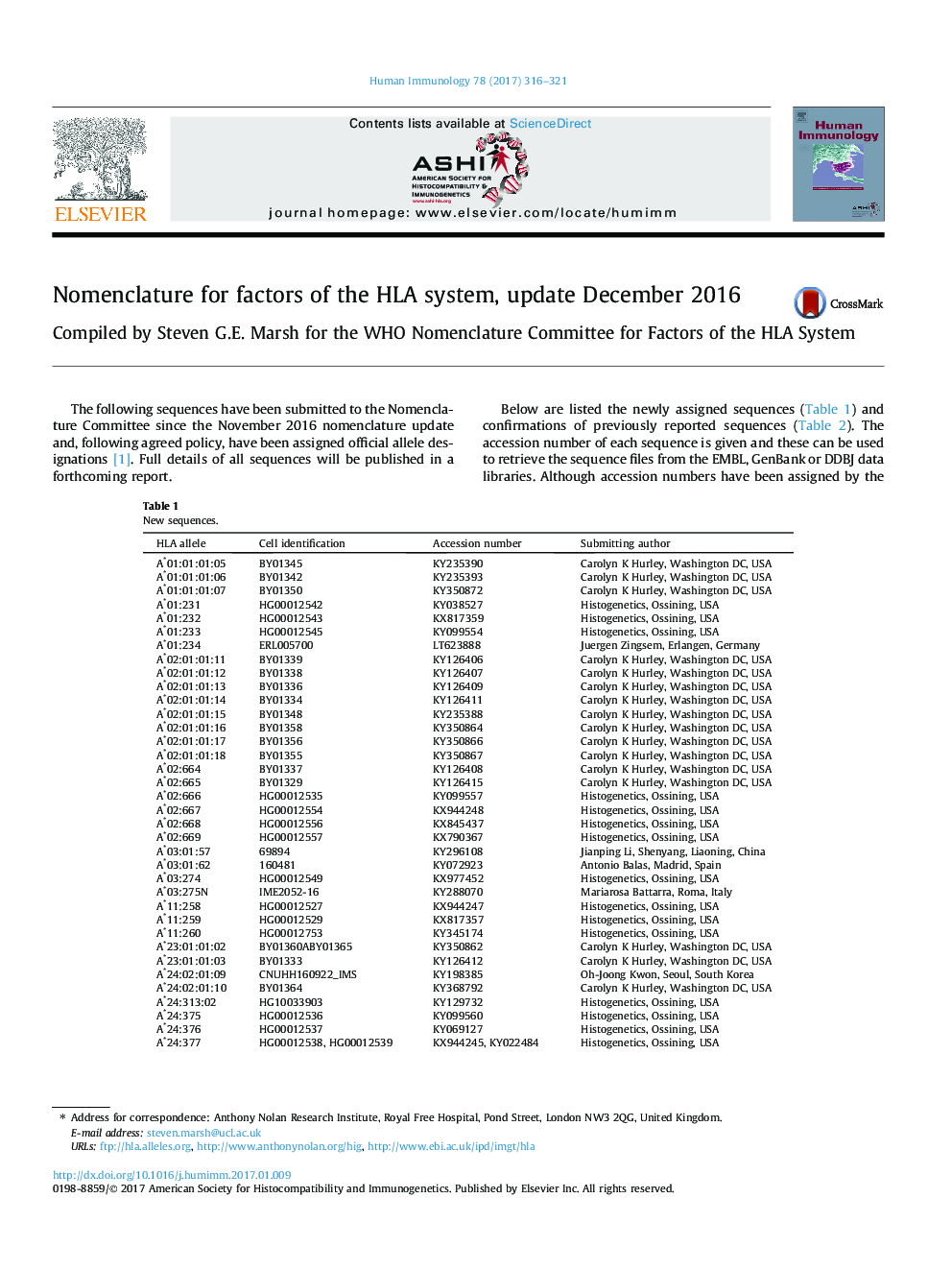 Nomenclature for factors of the HLA system, update December 2016