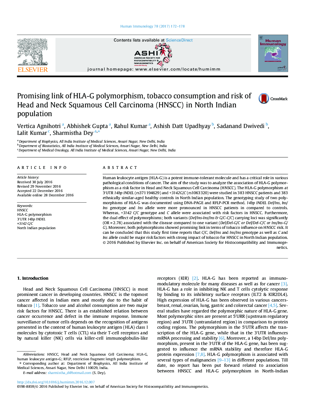 Promising link of HLA-G polymorphism, tobacco consumption and risk of Head and Neck Squamous Cell Carcinoma (HNSCC) in North Indian population