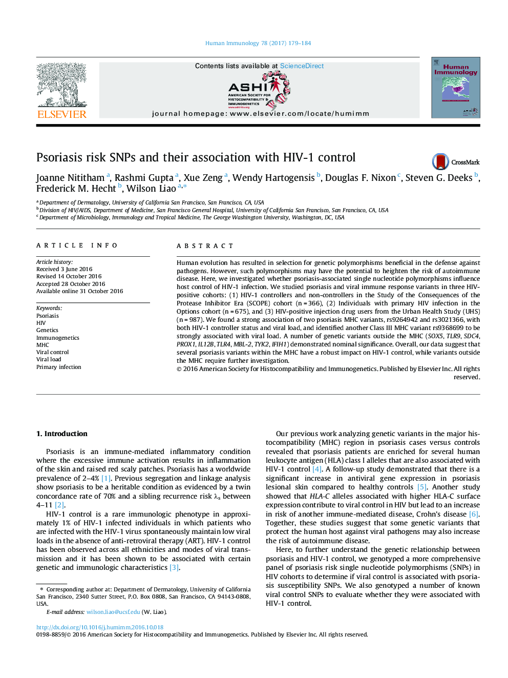 Psoriasis risk SNPs and their association with HIV-1 control