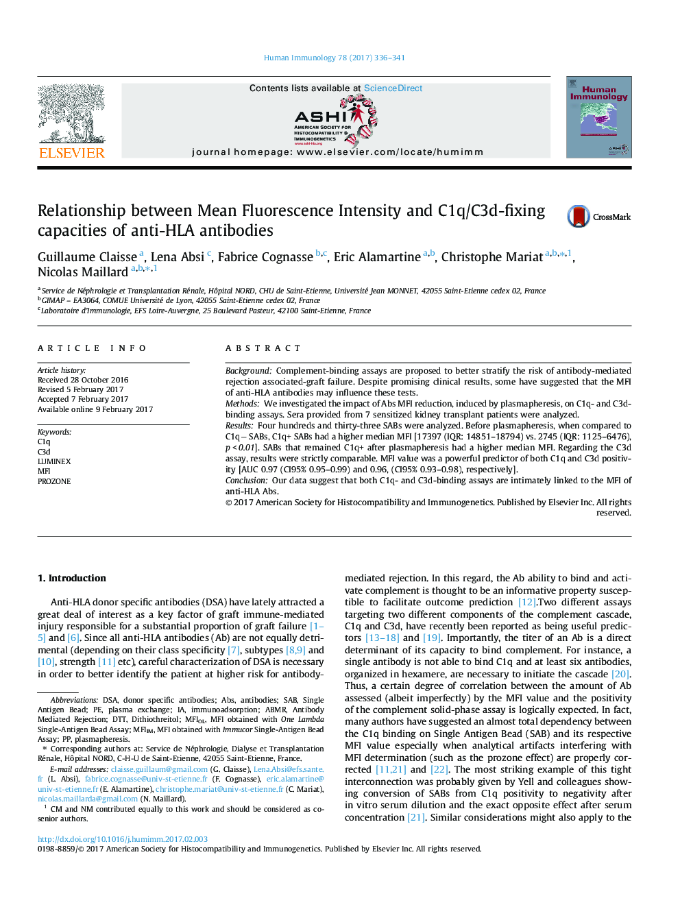 Relationship between Mean Fluorescence Intensity and C1q/C3d-fixing capacities of anti-HLA antibodies