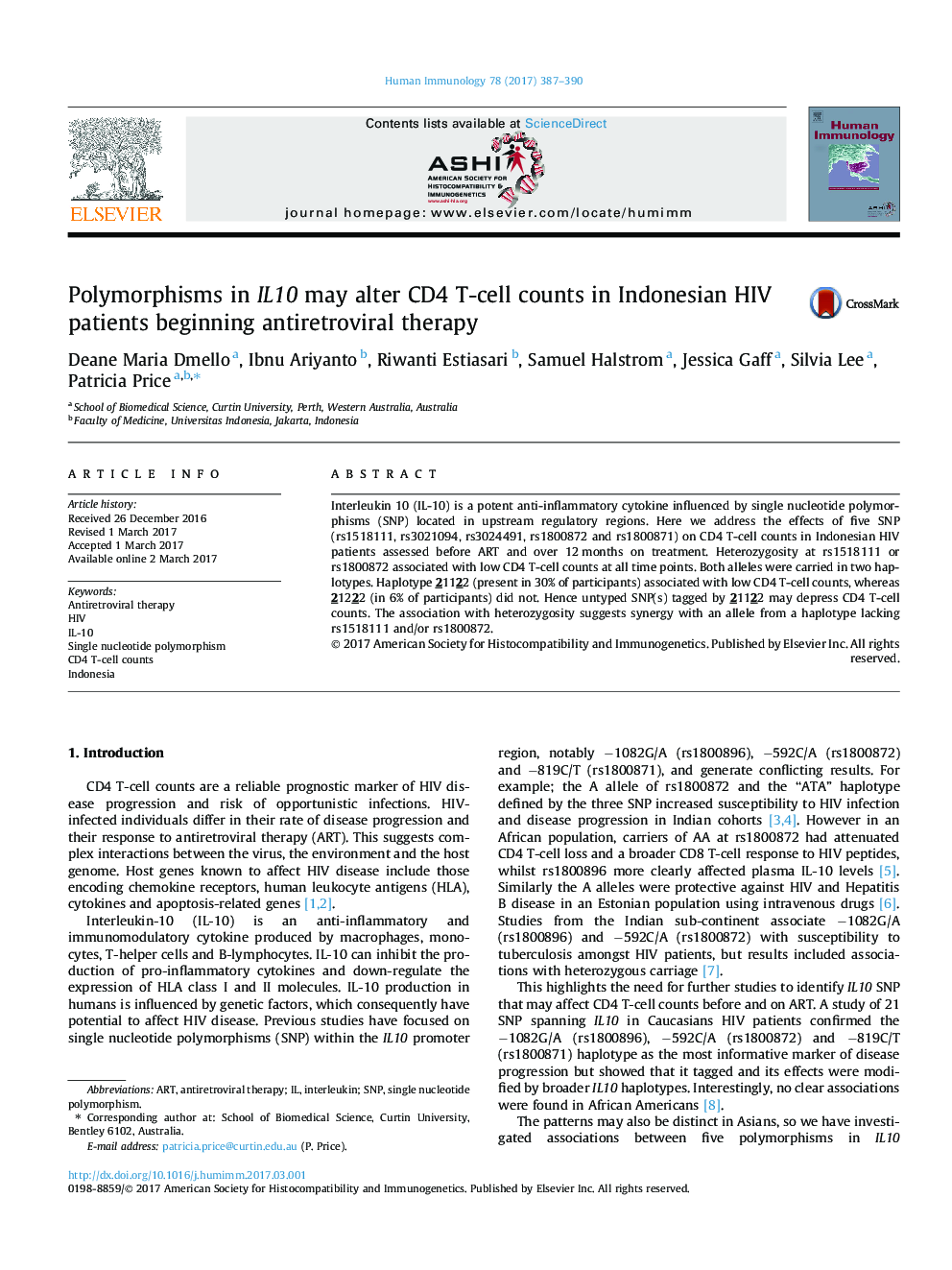 Polymorphisms in IL10 may alter CD4 T-cell counts in Indonesian HIV patients beginning antiretroviral therapy