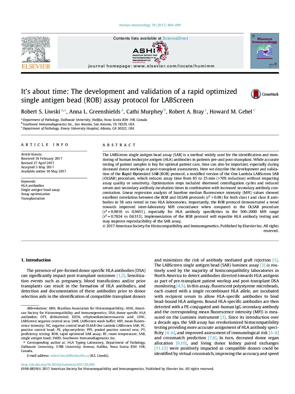 It's about time: The development and validation of a rapid optimized single antigen bead (ROB) assay protocol for LABScreen