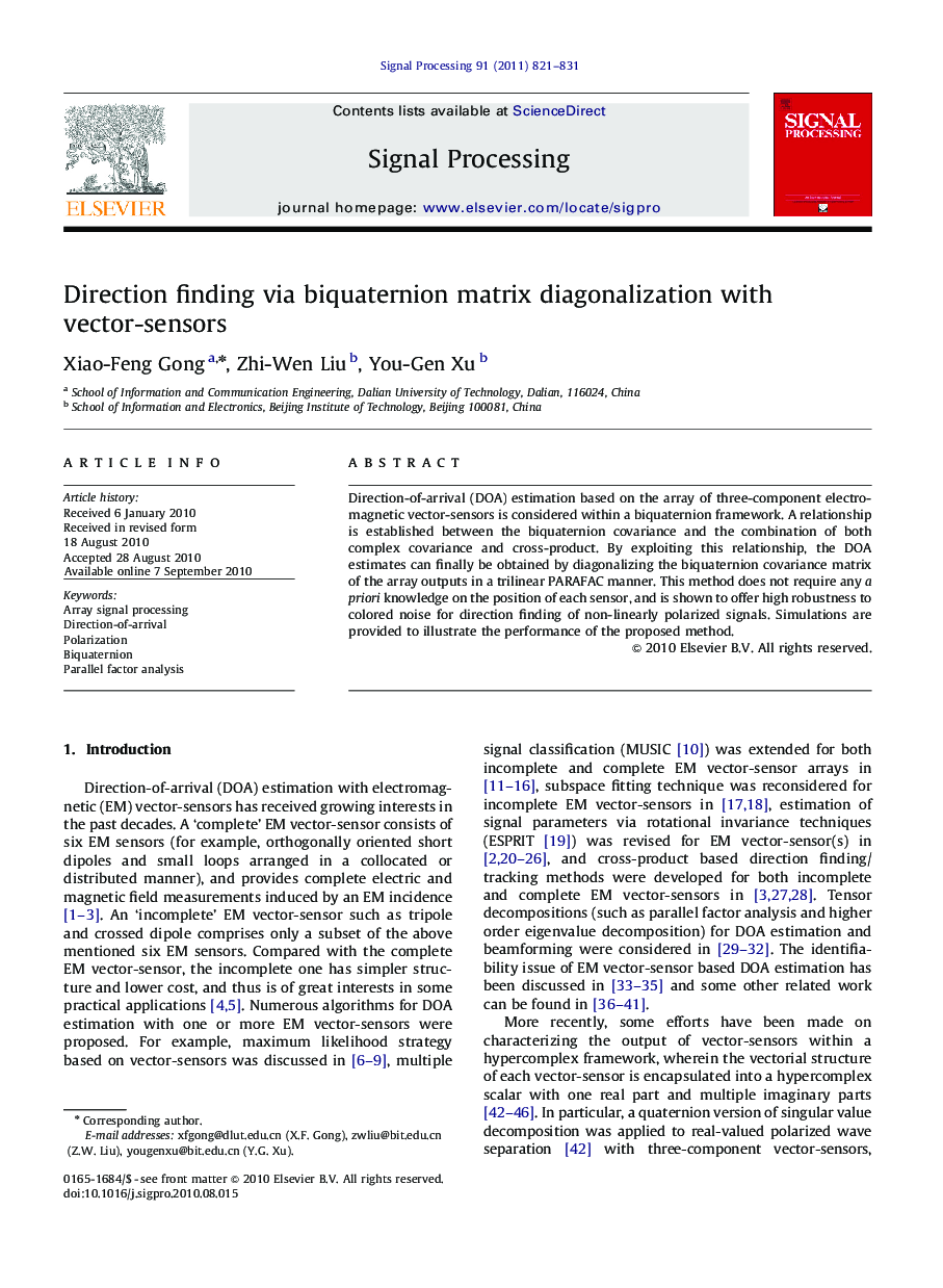 Direction finding via biquaternion matrix diagonalization with vector-sensors