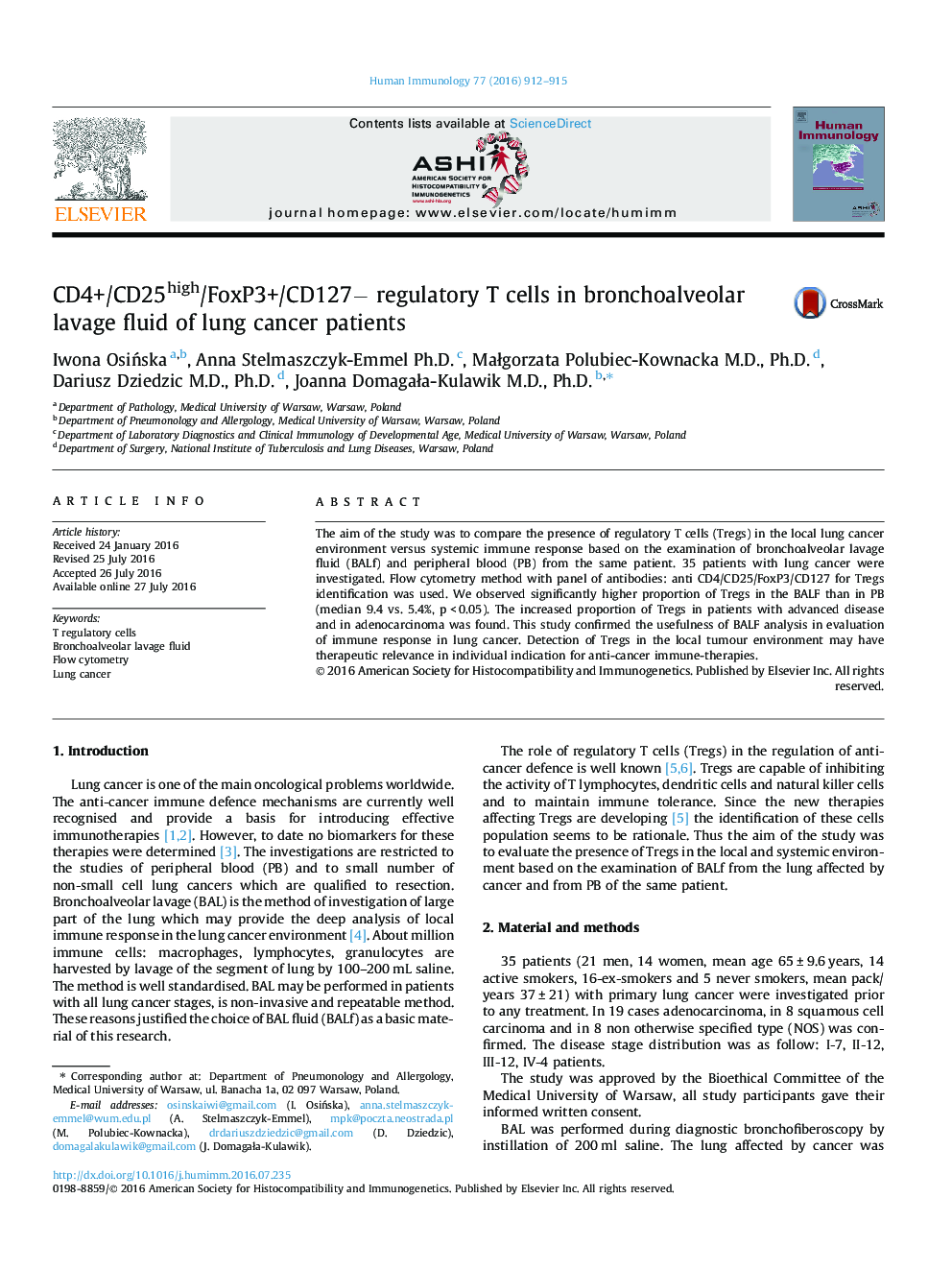 CD4+/CD25high/FoxP3+/CD127â regulatory T cells in bronchoalveolar lavage fluid of lung cancer patients