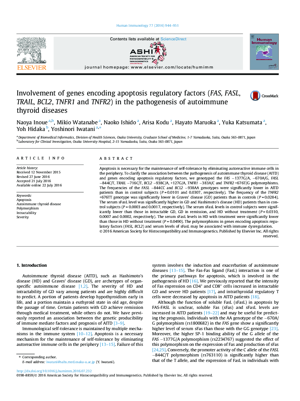 Involvement of genes encoding apoptosis regulatory factors (FAS, FASL, TRAIL, BCL2, TNFR1 and TNFR2) in the pathogenesis of autoimmune thyroid diseases