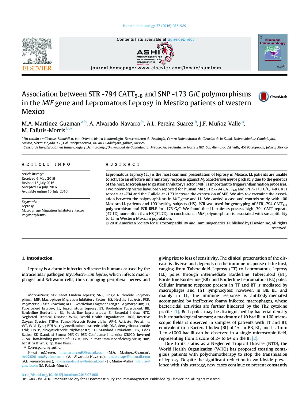 Association between STR -794 CATT5-8 and SNP -173 G/C polymorphisms in the MIF gene and Lepromatous Leprosy in Mestizo patients of western Mexico