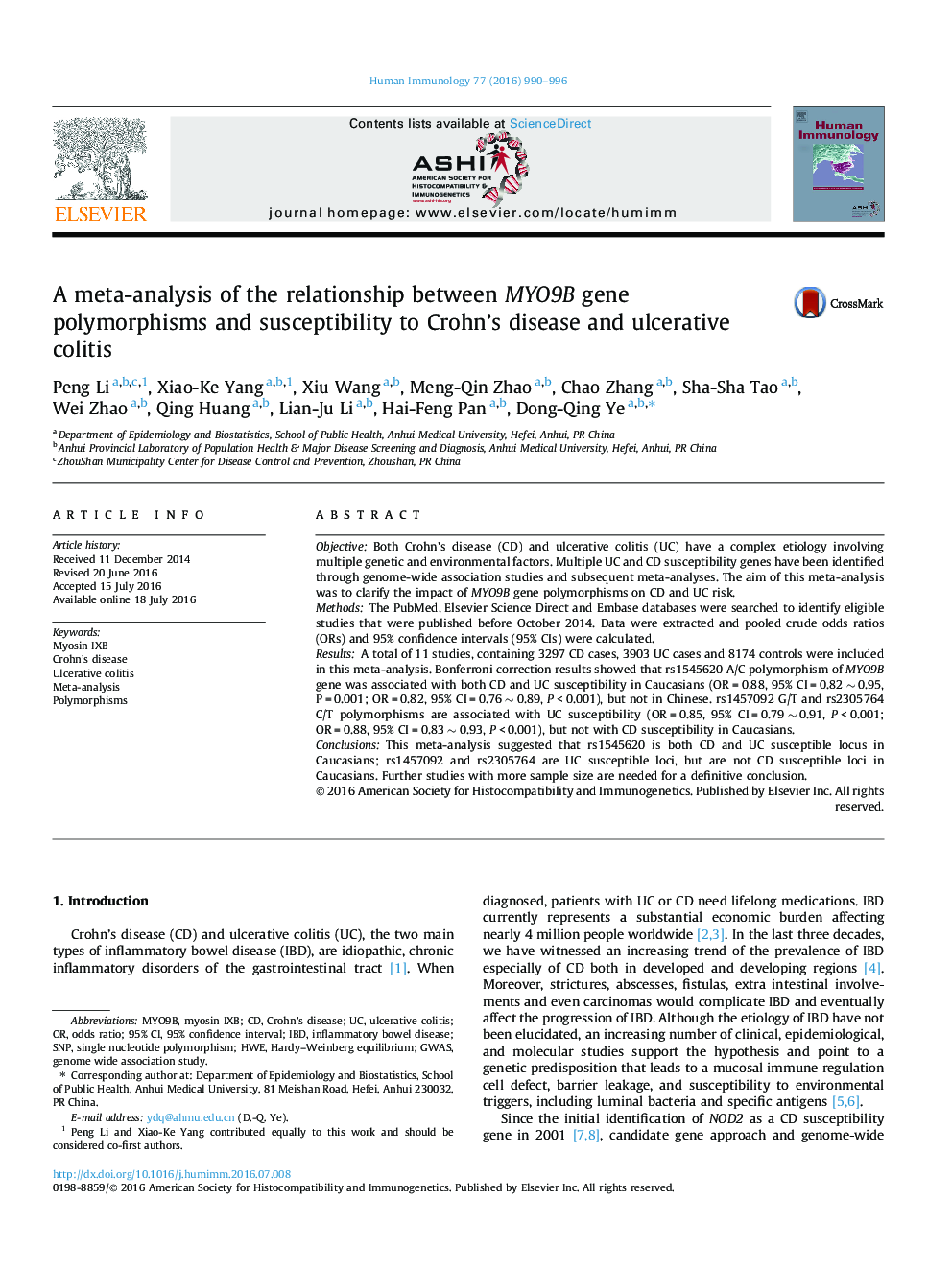 A meta-analysis of the relationship between MYO9B gene polymorphisms and susceptibility to Crohn's disease and ulcerative colitis