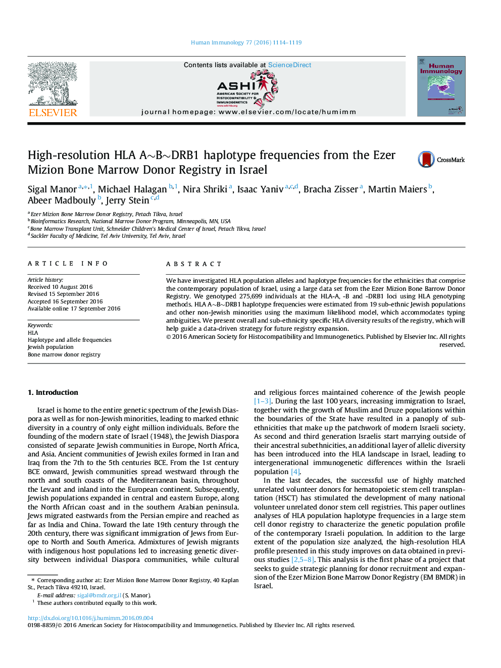 High-resolution HLA Aâ¼Bâ¼DRB1 haplotype frequencies from the Ezer Mizion Bone Marrow Donor Registry in Israel