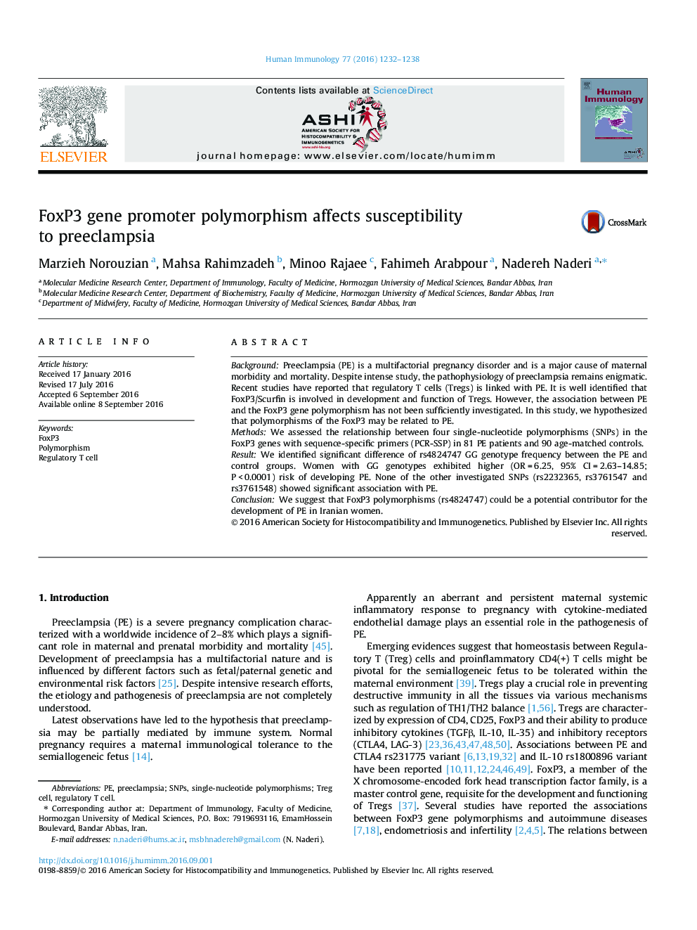 FoxP3 gene promoter polymorphism affects susceptibility to preeclampsia