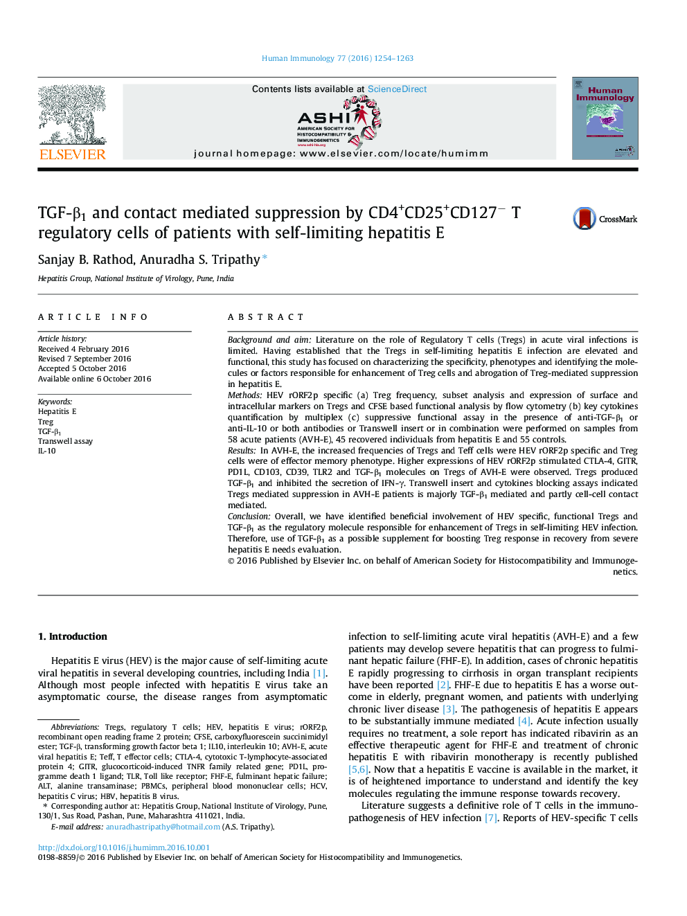 TGF-Î²1 and contact mediated suppression by CD4+CD25+CD127â T regulatory cells of patients with self-limiting hepatitis E